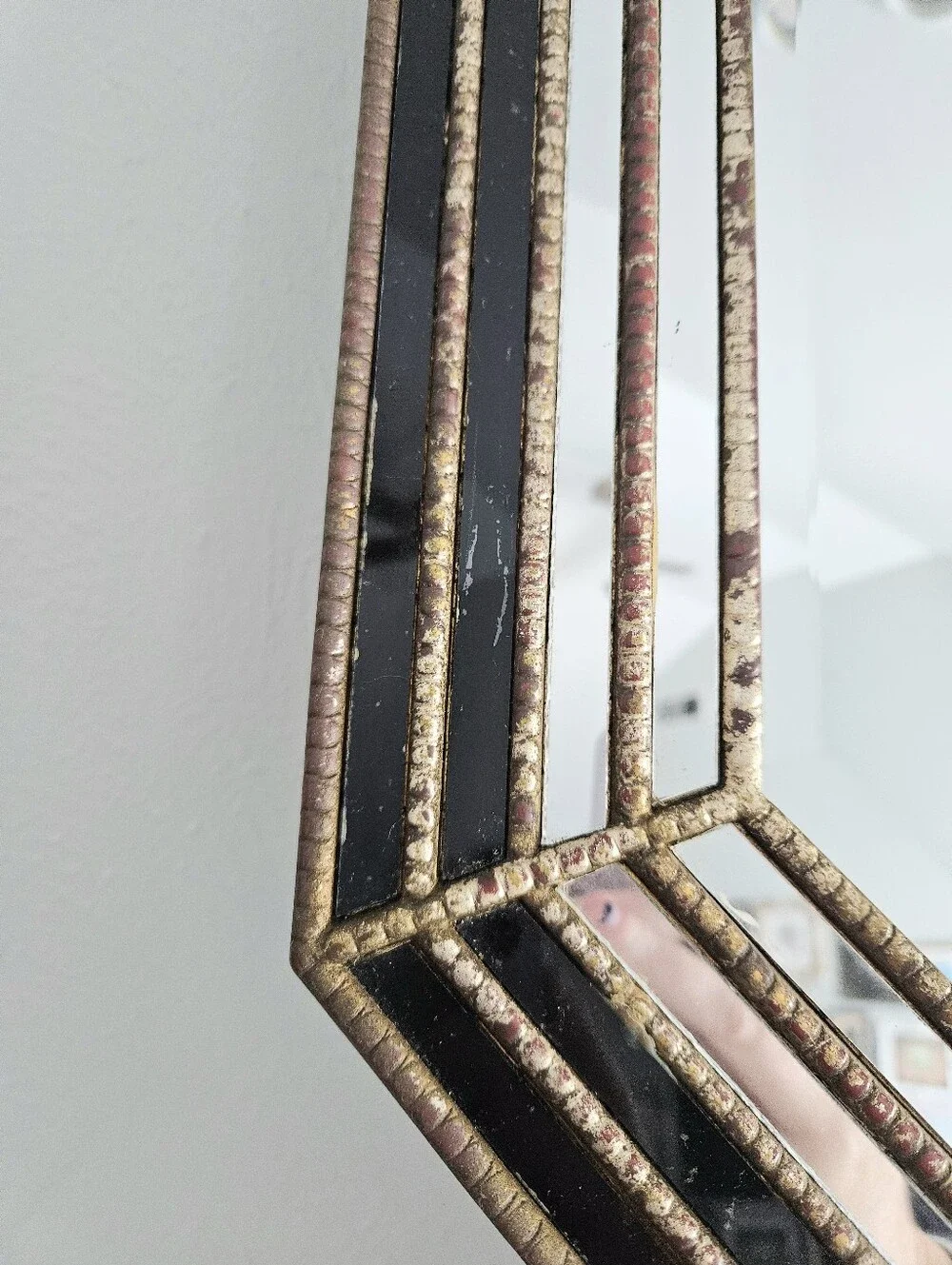 Vintage LaBarge Large Octagonal Gilt Brass Layered Mirror With Black Panels